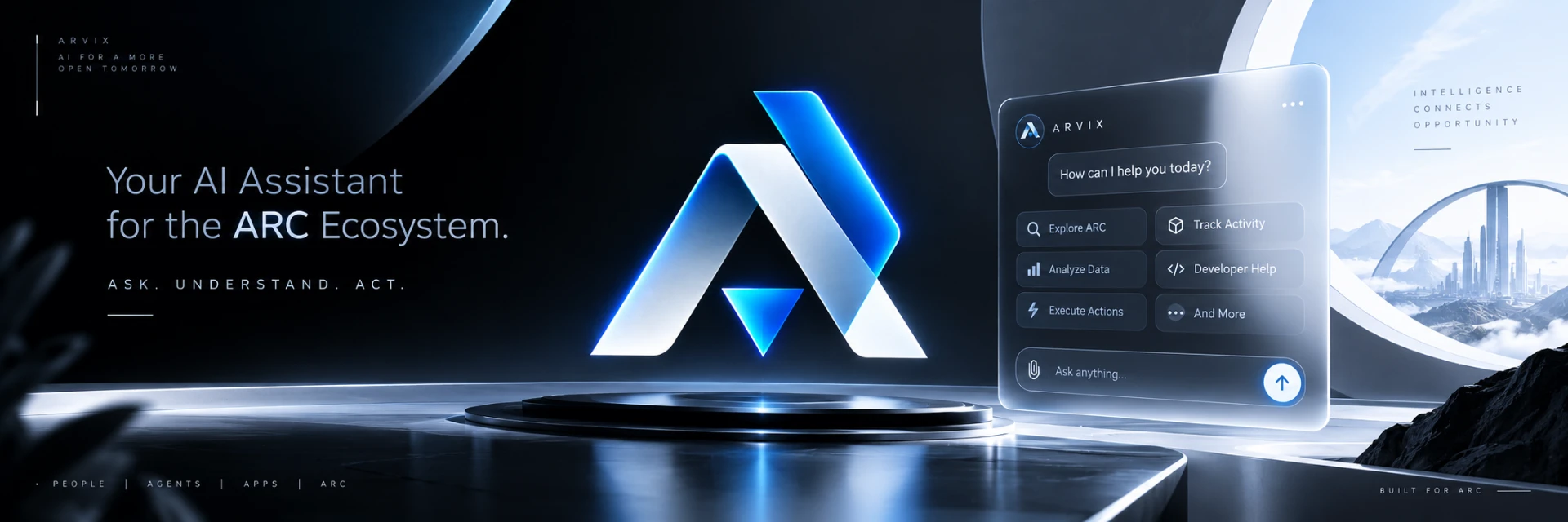 ARVIX virtual intelligence interface overlooking a futuristic ARC ecosystem